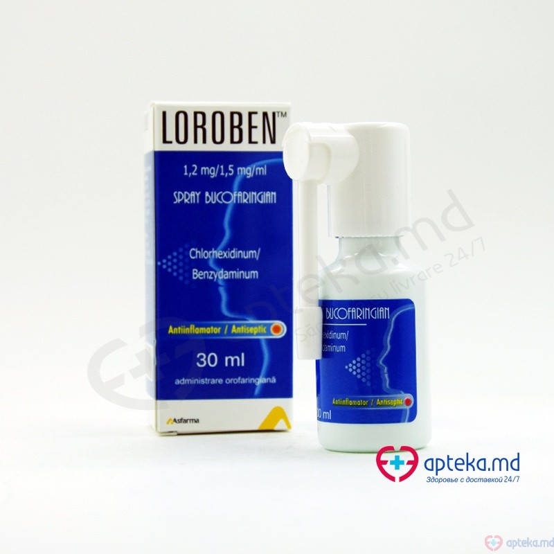 Loroben spray bucofaring. 1,2 mg + 1,5 mg/ml 30 ml N1