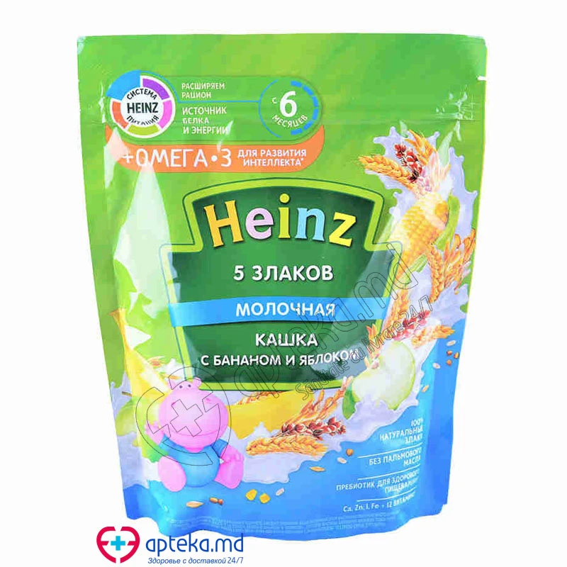 Каша HEINZ молочная с омега-3 5 злаков с бананом и яблоком 200 г Каша HEINZ молочная с омега-3 5 злаков с бананом и яблоком 200 г