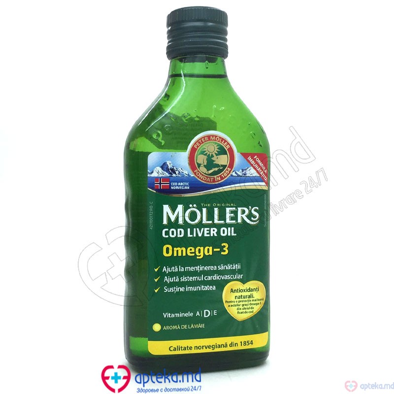 Moller's Cod Omega-3 масло печени трески, аромат лимона, 250 мл