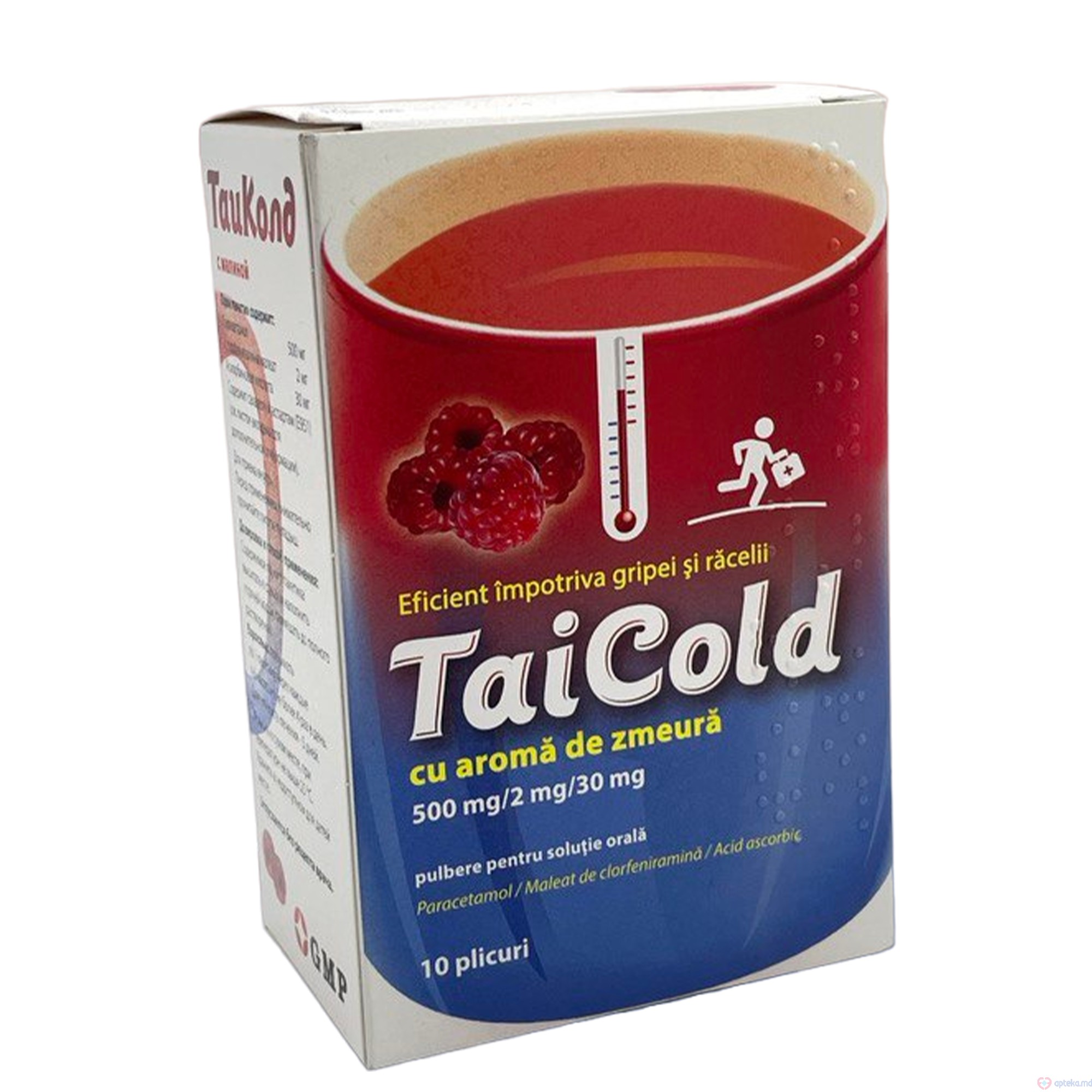 TaiCold cu aroma de zmeura pulb. sol. orala 500 mg/2 mg/30 mg N10